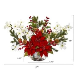 18" Red Poinsettia, Dogwood, Berry & Pine Artificial Arrangement In Silver Vase 5 18" Red Poinsettia, Dogwood, Berry & Pine Artificial Arrangement In Silver Vase -Northlight Sale Store D322258S 2