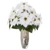 27" White Poinsettia Arrangement In Silver Cylinder Vase