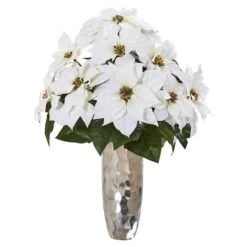 27" White Poinsettia Arrangement In Silver Cylinder Vase
