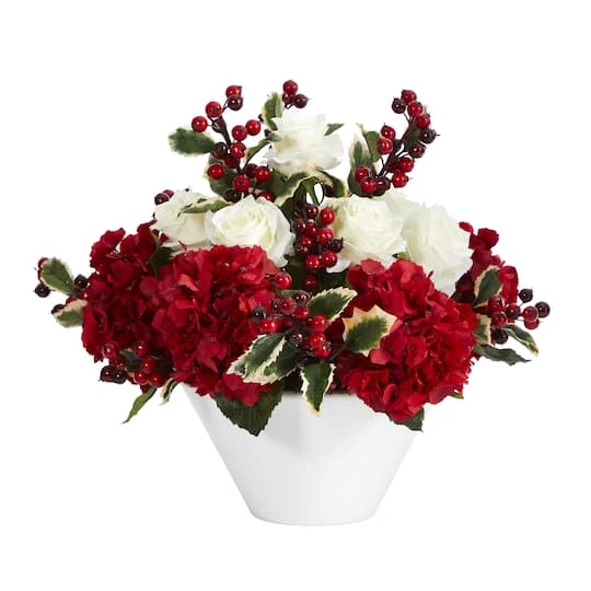15" Rose, Hydrangea & Holly Berry Arrangement In White Vase 2 15" Rose, Hydrangea & Holly Berry Arrangement In White Vase - Image 2