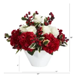 15" Rose, Hydrangea & Holly Berry Arrangement In White Vase 6 15" Rose, Hydrangea & Holly Berry Arrangement In White Vase -Northlight Sale Store D322367S 2
