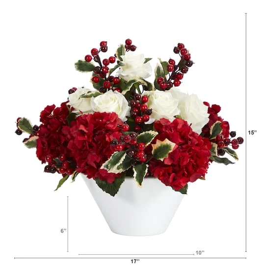 15" Rose, Hydrangea & Holly Berry Arrangement In White Vase 3 15" Rose, Hydrangea & Holly Berry Arrangement In White Vase - Image 3