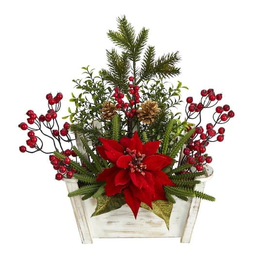 18'' Poinsettia, Succulent & Berry In Bench Planter 2 18'' Poinsettia, Succulent & Berry In Bench Planter - Image 2
