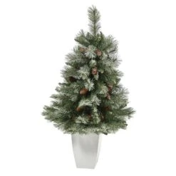 3.5ft. Unlit Snowed French Alps Mountain Pine Artificial Christmas Tree With Pinecones In Metal Planter