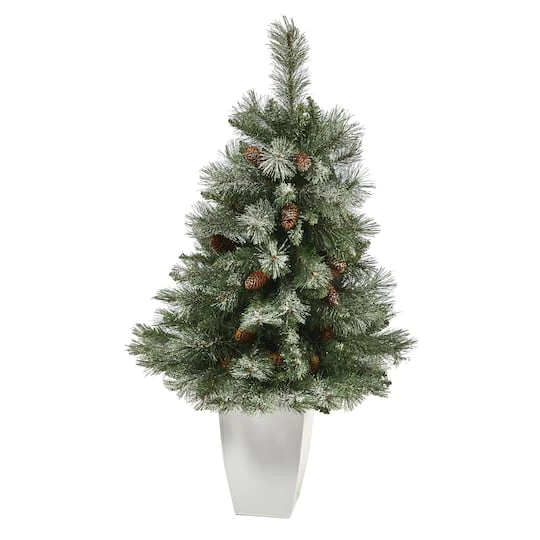 3.5ft. Unlit Snowed French Alps Mountain Pine Artificial Christmas Tree With Pinecones In Metal Planter 1 3.5ft. Unlit Snowed French Alps Mountain Pine Artificial Christmas Tree With Pinecones In Metal Planter