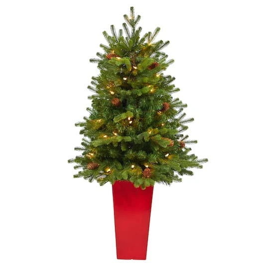 3.5ft. Pre-Lit Yukon Mountain Fir Artificial Christmas Tree In Red Planter, Clear Lights 2 3.5ft. Pre-Lit Yukon Mountain Fir Artificial Christmas Tree In Red Planter, Clear Lights - Image 2