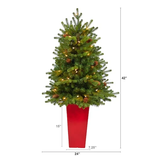 3.5ft. Pre-Lit Yukon Mountain Fir Artificial Christmas Tree In Red Planter, Clear Lights 5 3.5ft. Pre-Lit Yukon Mountain Fir Artificial Christmas Tree In Red Planter, Clear Lights - Image 5
