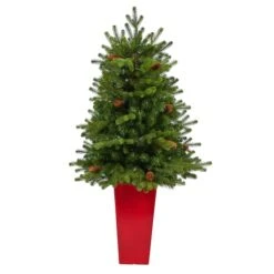 3.5ft. Pre-Lit Yukon Mountain Fir Artificial Christmas Tree In Red Planter, Clear Lights 10 3.5ft. Pre-Lit Yukon Mountain Fir Artificial Christmas Tree In Red Planter, Clear Lights -Northlight Sale Store D322642S 3
