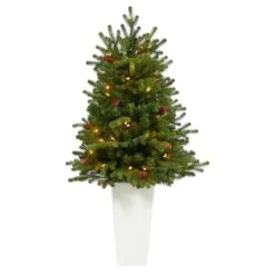 3.5ft. Pre-Lit Yukon Mountain Fir Artificial Christmas Tree In White Planter, Clear Lights