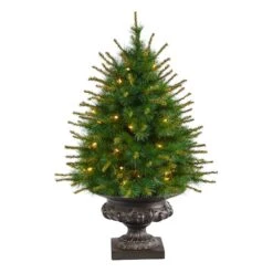 3.5ft. Pre-Lit New England Pine Artificial Christmas Tree In Iron Colored Urn, Clear Lights