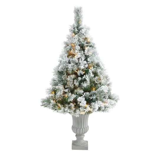 4.5ft. Pre-Lit Flocked Oregon Pine Artificial Christmas Tree In Decorative Urn, Clear Lights 2 4.5ft. Pre-Lit Flocked Oregon Pine Artificial Christmas Tree In Decorative Urn, Clear Lights - Image 2