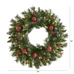 24" White LED Frosted Christmas Wreath With Ornaments & Berries -Northlight Sale Store D322795S 2