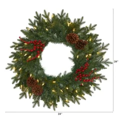24" LED Green Pine Christmas Wreath With Berries & Pinecones -Northlight Sale Store D322796S 2