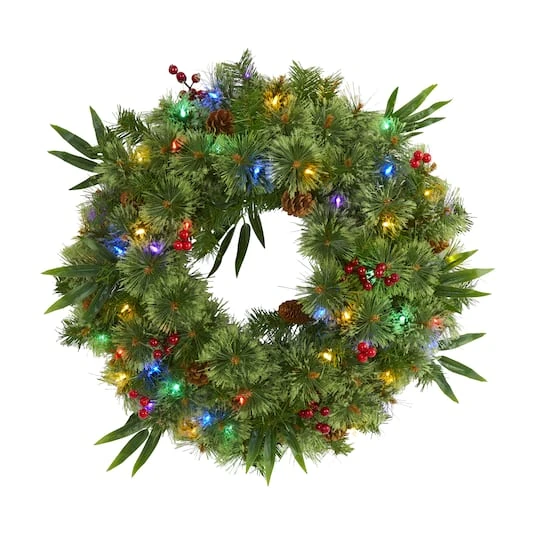 24" Multicolor LED Mixed Pine Christmas Wreath With Berries & Pinecones 1 24" Multicolor LED Mixed Pine Christmas Wreath With Berries & Pinecones