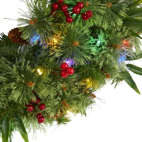 24" Multicolor LED Mixed Pine Christmas Wreath With Berries & Pinecones 4 24" Multicolor LED Mixed Pine Christmas Wreath With Berries & Pinecones - Image 4