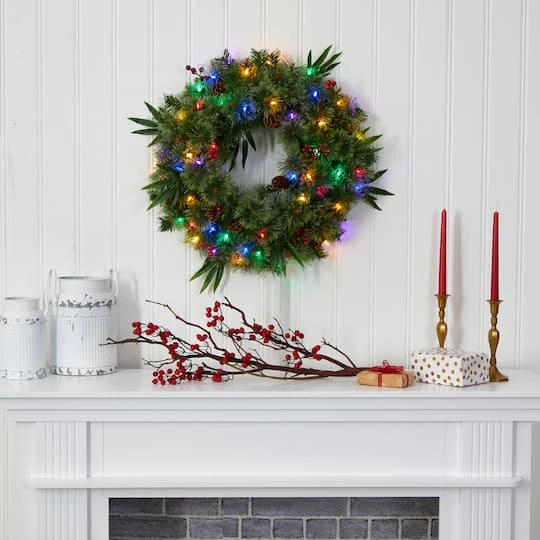 24" Multicolor LED Mixed Pine Christmas Wreath With Berries & Pinecones 5 24" Multicolor LED Mixed Pine Christmas Wreath With Berries & Pinecones - Image 5