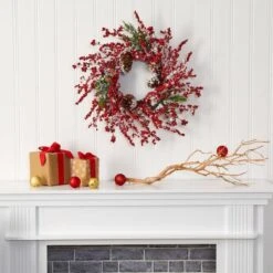 24" Frosted Cypress Wreath With Berries & Pinecones -Northlight Sale Store D322801S 3