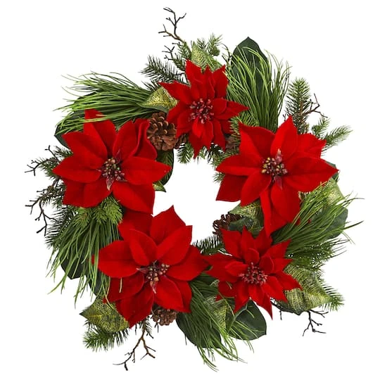 28" Poinsettia & Pine Wreath 2 28" Poinsettia & Pine Wreath - Image 2