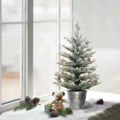 2 Ft. Pre-Lit Flocked Table Top Artificial Christmas Tree In Metal Pot -Northlight Sale Store D393395S 3