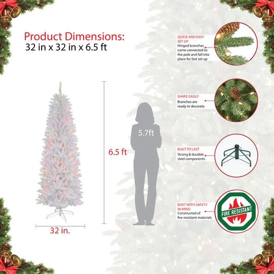 6.5ft. Pre-Lit White Pencil Fraser Fir Artificial Christmas Tree, Multicolor Lights 6 6.5ft. Pre-Lit White Pencil Fraser Fir Artificial Christmas Tree, Multicolor Lights - Image 6
