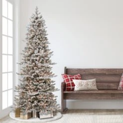 7.5ft. Pre-Lit Slim Flocked Royal Majestic Douglas Spruce Artificial Christmas Tree, Clear Lights -Northlight Sale Store D393478S 3