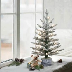 2ft. Pre-Lit Potted Flocked Pencil Arctic Fir Artificial Christmas Tree, Clear Lights -Northlight Sale Store D393479S 3