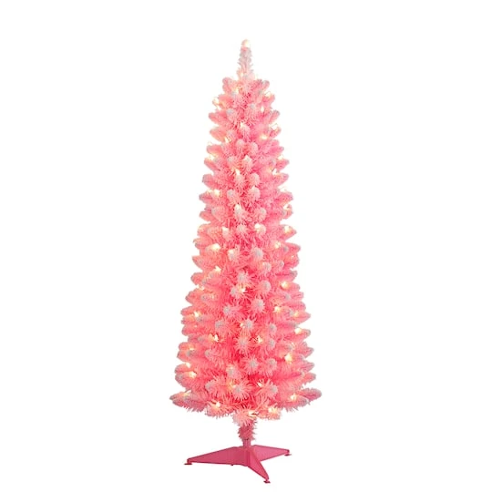 4.5ft. Pre-Lit Flocked Fashion Pink Pencil Artificial Christmas Tree, Clear Lights 1 4.5ft. Pre-Lit Flocked Fashion Pink Pencil Artificial Christmas Tree, Clear Lights