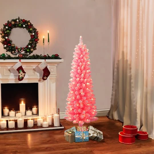 4.5ft. Pre-Lit Flocked Fashion Pink Pencil Artificial Christmas Tree, Clear Lights 4 4.5ft. Pre-Lit Flocked Fashion Pink Pencil Artificial Christmas Tree, Clear Lights - Image 4