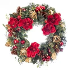 Village Lighting 30" Pre-Lit Red Magnolia Christmas Wreath, Clear LED Lights