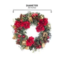 Village Lighting 30" Pre-Lit Red Magnolia Christmas Wreath, Clear LED Lights -Northlight Sale Store D403166S 17