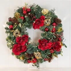 Village Lighting 30" Pre-Lit Red Magnolia Christmas Wreath, Clear LED Lights -Northlight Sale Store D403166S 2