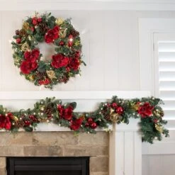 Village Lighting 30" Pre-Lit Red Magnolia Christmas Wreath, Clear LED Lights -Northlight Sale Store D403166S 3