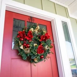 Village Lighting 30" Pre-Lit Red Magnolia Christmas Wreath, Clear LED Lights -Northlight Sale Store D403166S 4