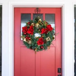 Village Lighting 30" Pre-Lit Red Magnolia Christmas Wreath, Clear LED Lights -Northlight Sale Store D403166S 5