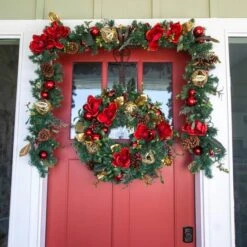 Village Lighting 30" Pre-Lit Red Magnolia Christmas Wreath, Clear LED Lights -Northlight Sale Store D403166S 6
