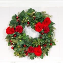 Village Lighting 30" LED Red Peonies & Berry Wreath -Northlight Sale Store D403198S 10