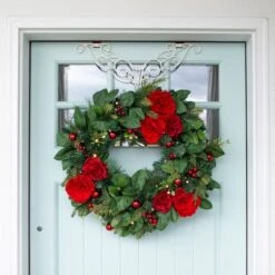 Village Lighting 30" LED Red Peonies & Berry Wreath -Northlight Sale Store D403198S 2