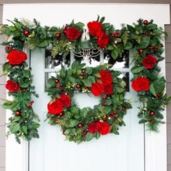 Village Lighting 30" LED Red Peonies & Berry Wreath -Northlight Sale Store D403198S 3