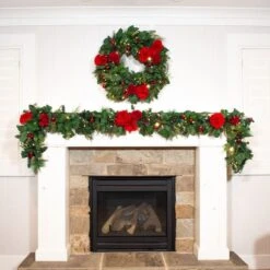 Village Lighting 30" LED Red Peonies & Berry Wreath -Northlight Sale Store D403198S 9