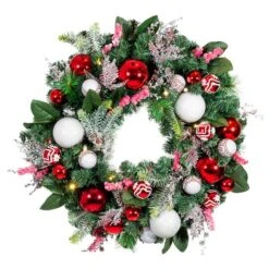 Village Lighting 30" Pre-Lit Nordic Christmas Wreath, Red & Clear LED Lights
