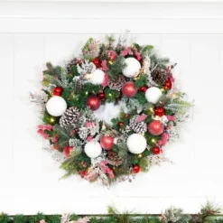 Village Lighting 30" Pre-Lit Frosted Wonderland Christmas Wreath, Red & Clear LED Lights -Northlight Sale Store D403209S 10