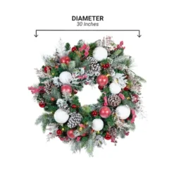 Village Lighting 30" Pre-Lit Frosted Wonderland Christmas Wreath, Red & Clear LED Lights -Northlight Sale Store D403209S 22