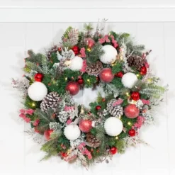Village Lighting 30" Pre-Lit Frosted Wonderland Christmas Wreath, Red & Clear LED Lights -Northlight Sale Store D403209S 9