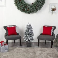 3ft. Pre-Lit Flocked Highland Fir Artificial Christmas Tree In Decorative Planter, Multicolor 20 LED Lights -Northlight Sale Store D478786S 10