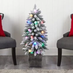 3ft. Pre-Lit Flocked Highland Fir Artificial Christmas Tree In Decorative Planter, Multicolor 20 LED Lights -Northlight Sale Store D478786S 7