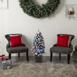 3ft. Pre-Lit Flocked Highland Fir Artificial Christmas Tree In Decorative Planter, Multicolor 20 LED Lights -Northlight Sale Store D478786S 9