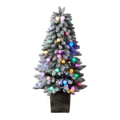 4ft. Pre-Lit Winter Flocked Artificial Christmas Tree In Decorative Planter, Multicolor LED Lights