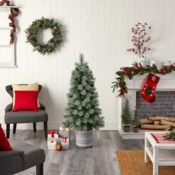 4.5ft. Pre-Lit Nova Scotia Pine Artificial Christmas Tree In Engraved Geometric Stone Planter, Warm White LED Lights -Northlight Sale Store D478819S 10