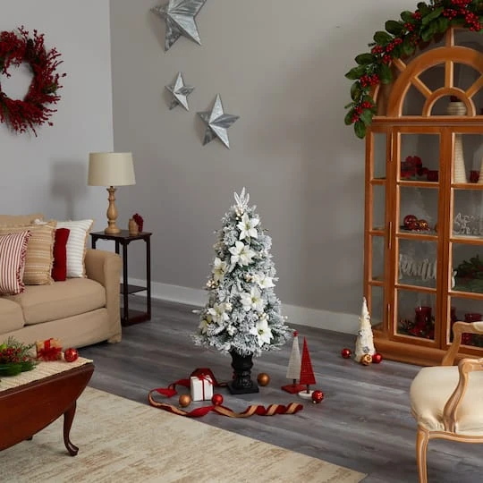 4ft. Pre-Lit Flocked Artificial Christmas Tree In Decorative Urn, Warm White Lights 11 4ft. Pre-Lit Flocked Artificial Christmas Tree In Decorative Urn, Warm White Lights - Image 11