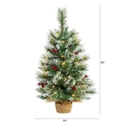 2ft. Pre-Lit Flocked Pine & Berry Artificial Christmas Tree In Burlap Base, Warm White LED Lights -Northlight Sale Store D478872S 2